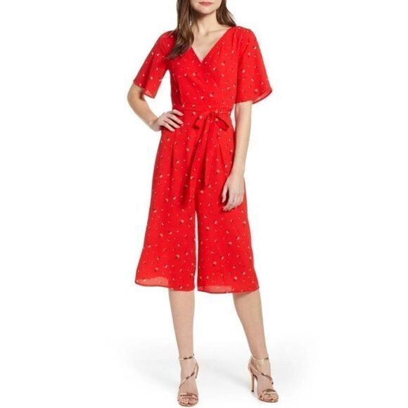 NWOT Row A Dandelion Floral Double-V Cherry Red Romper Jumpsuit - Picture 5 of 10